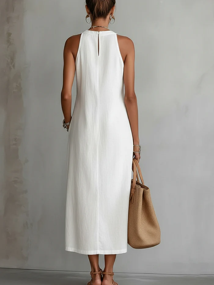 JIMENA™ | Vestido midi de lino con cuello mao
