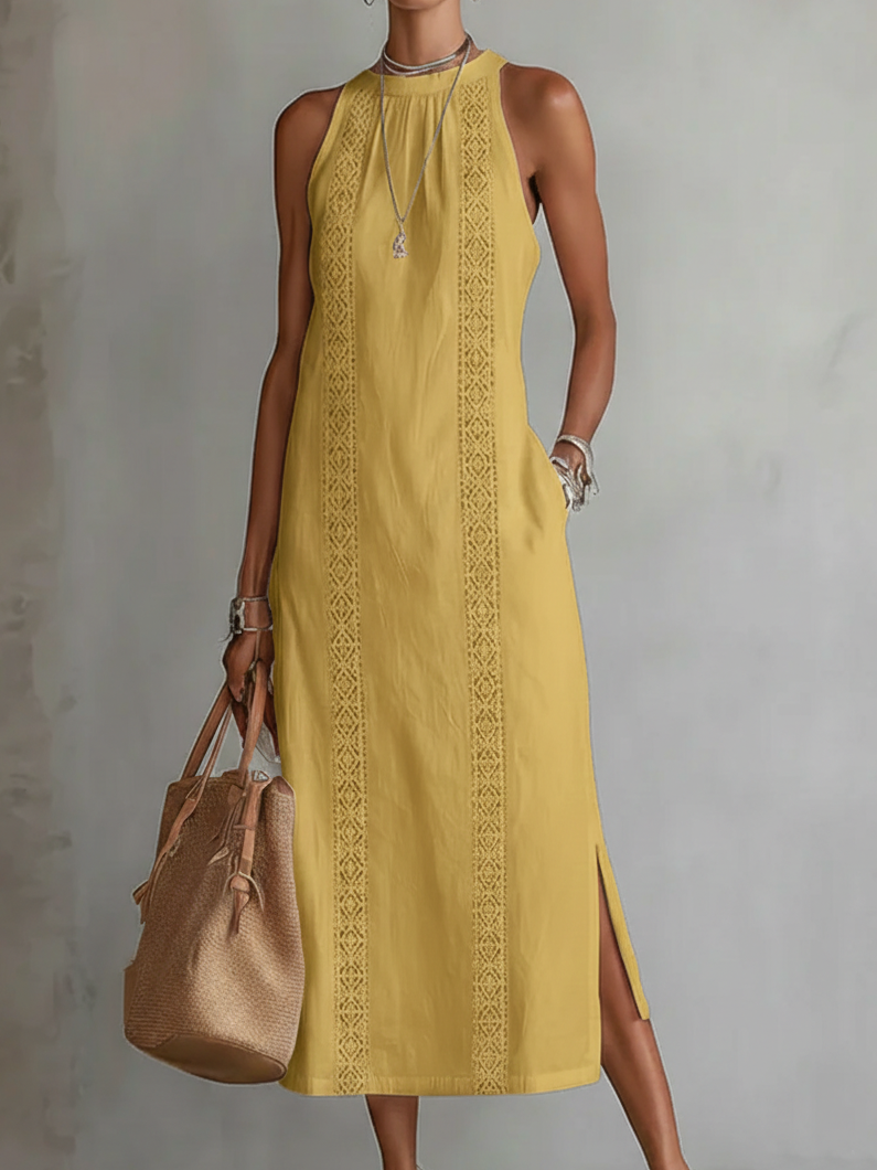 JIMENA™ | Vestido midi de lino con cuello mao