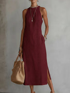 JIMENA™ | Vestido midi de lino con cuello mao