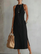 JIMENA™ | Vestido midi de lino con cuello mao